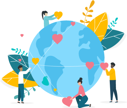 illustration of hearts all over a globe and different people holding the hearts
